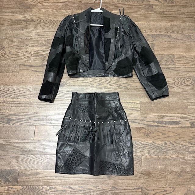Vintage Black Leather Patchwork Fringe Jacket And Skirt Set Western Rocker Small